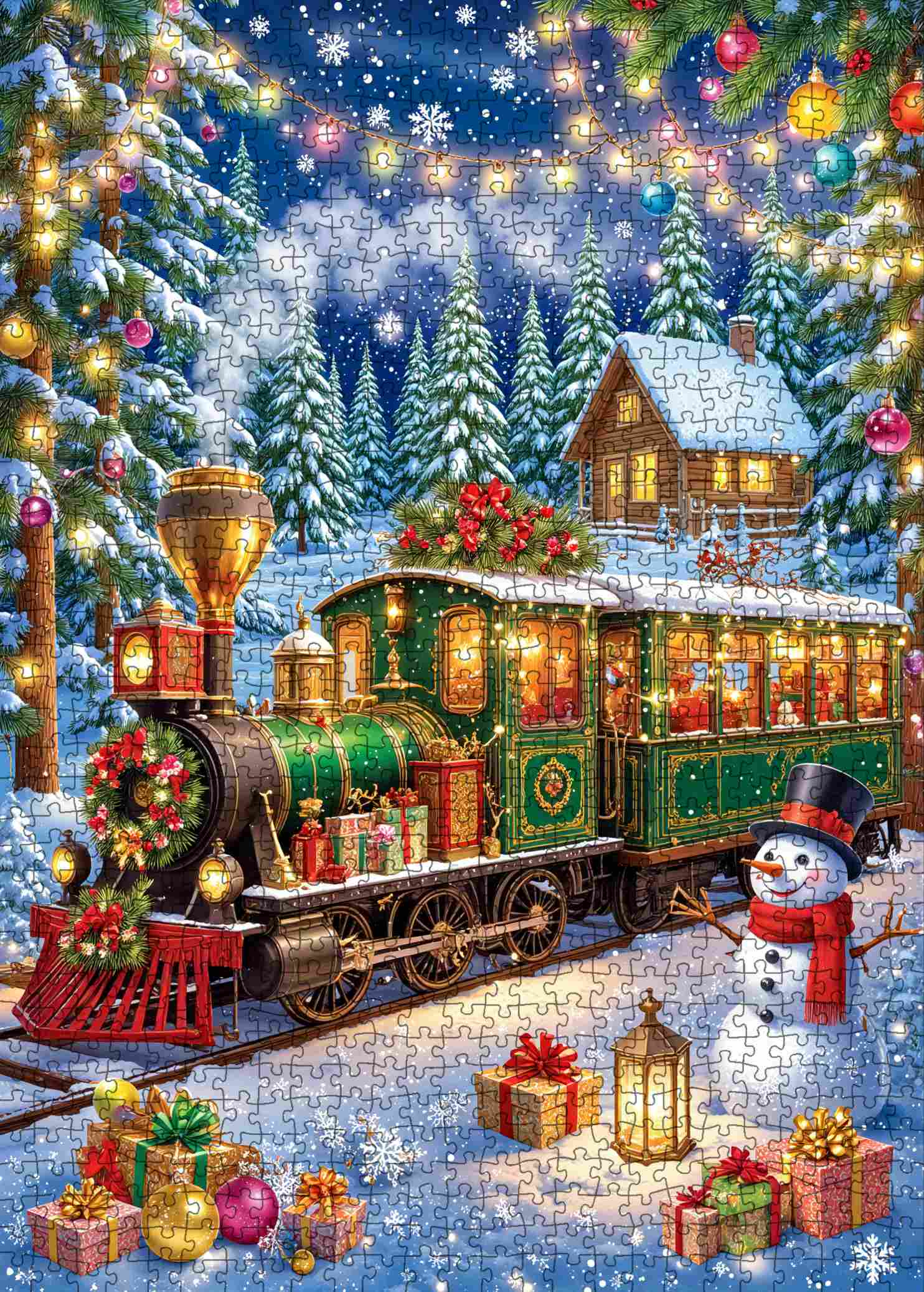 Snowy Holiday Tram and Snowman Scene Jigsaw Puzzle