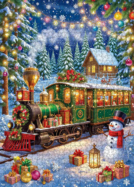 Snowy Holiday Tram and Snowman Scene Jigsaw Puzzle