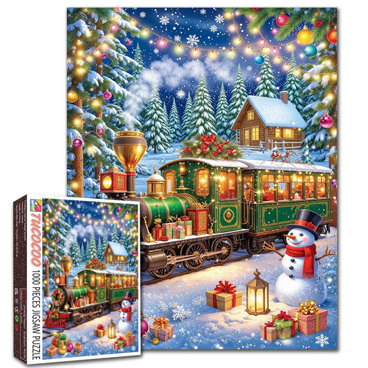 Snowy Holiday Tram and Snowman Scene Jigsaw Puzzle