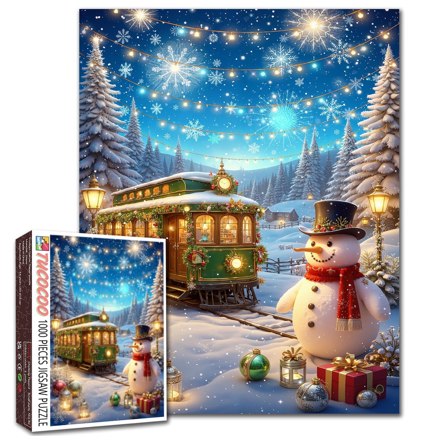 Snowy Holiday Tram and Snowman Scene Jigsaw Puzzle