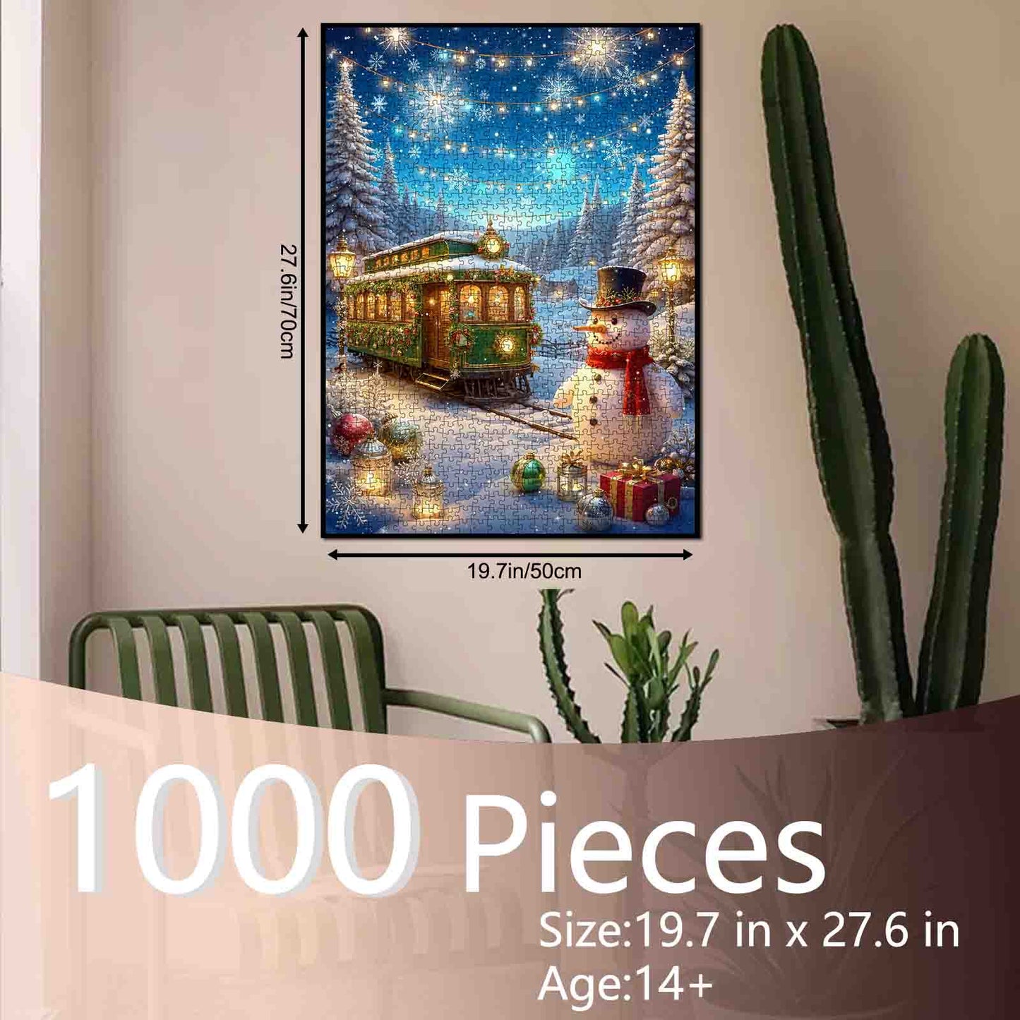 Snowy Holiday Tram and Snowman Scene Jigsaw Puzzle