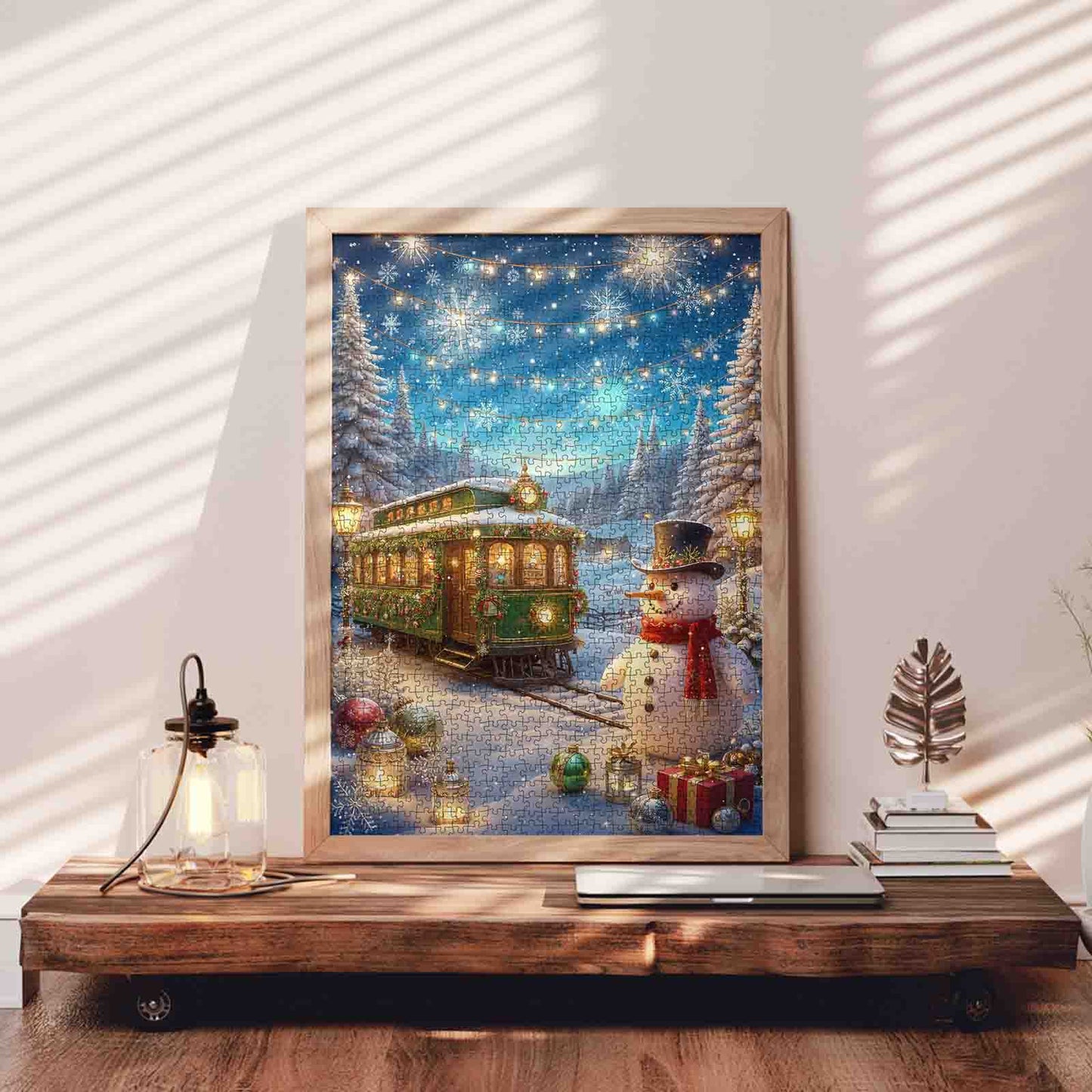 Snowy Holiday Tram and Snowman Scene Jigsaw Puzzle