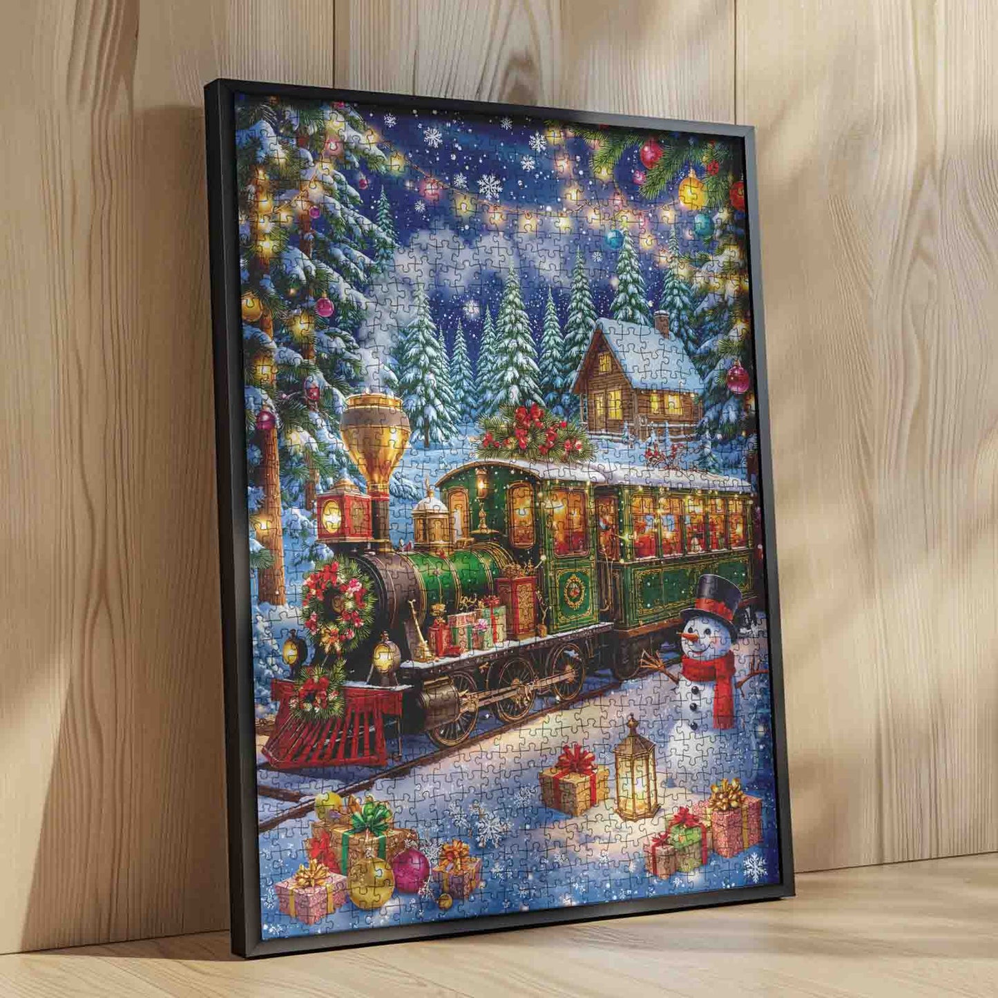 Snowy Holiday Tram and Snowman Scene Jigsaw Puzzle