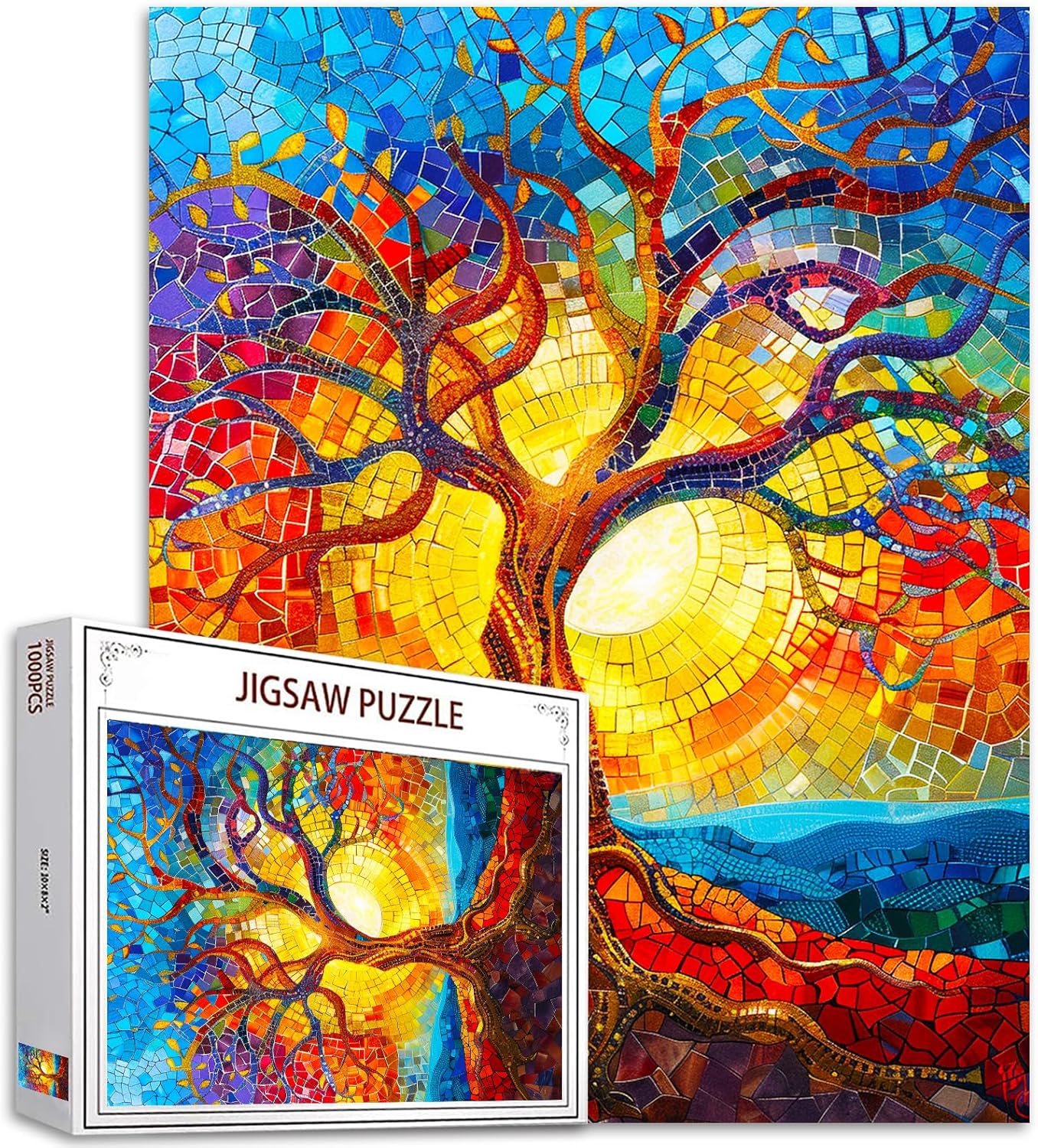 Buntes Puzzle aus Buntglas mit Baummotiv