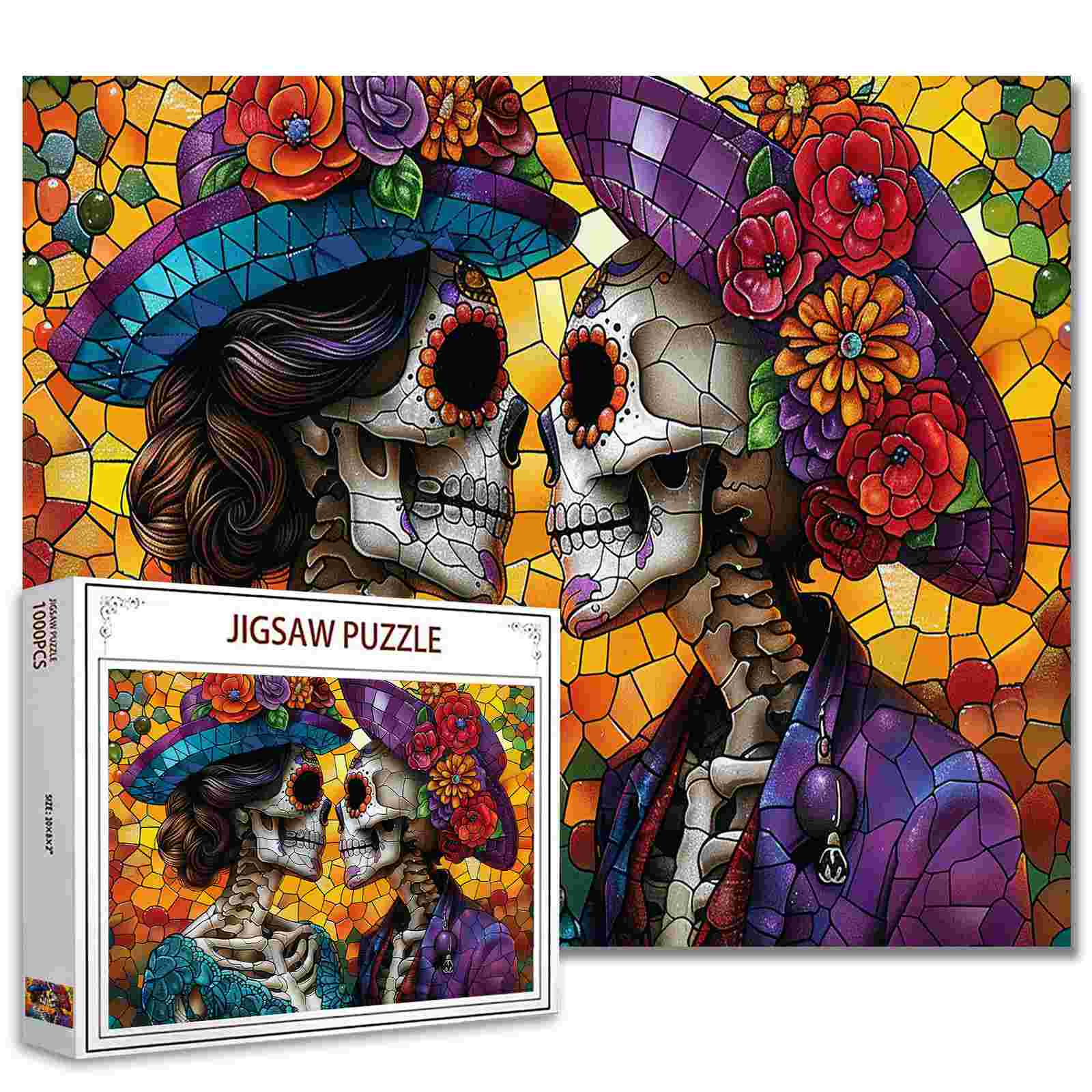 Romantic Skeletons Stained Glass Jigsaw Puzzle