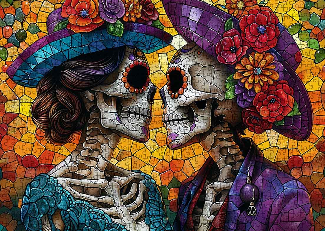 Romantic Skeletons Stained Glass Jigsaw Puzzle