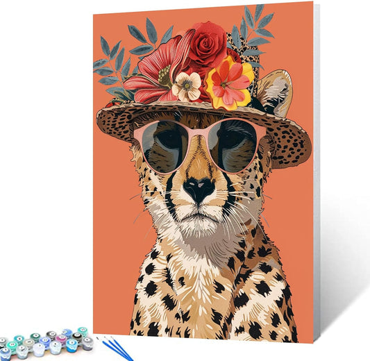 Leopard Wearing Shades and Flowers Straw Painting by Numbers