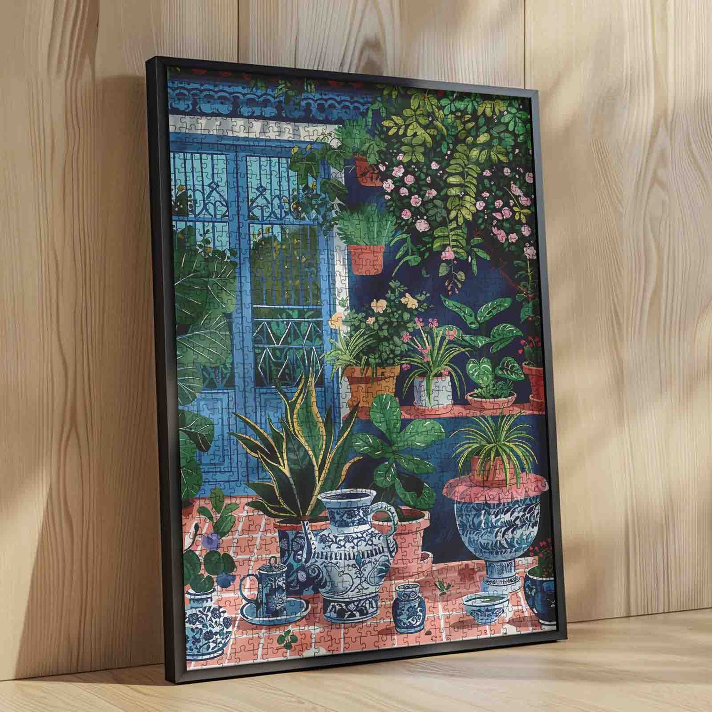 Sunlit Garden Terrace with Blue Pottery Jigsaw Puzzle