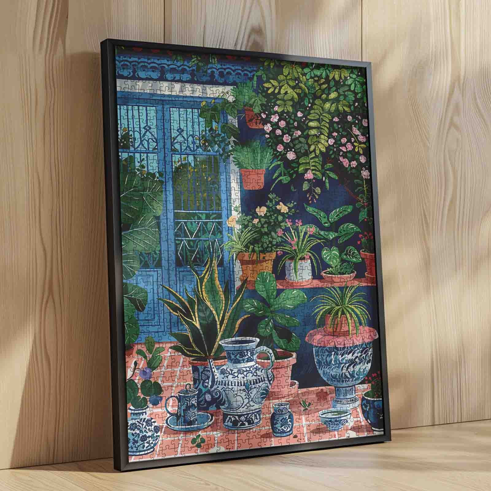 Sunlit Garden Terrace with Blue Pottery Jigsaw Puzzle