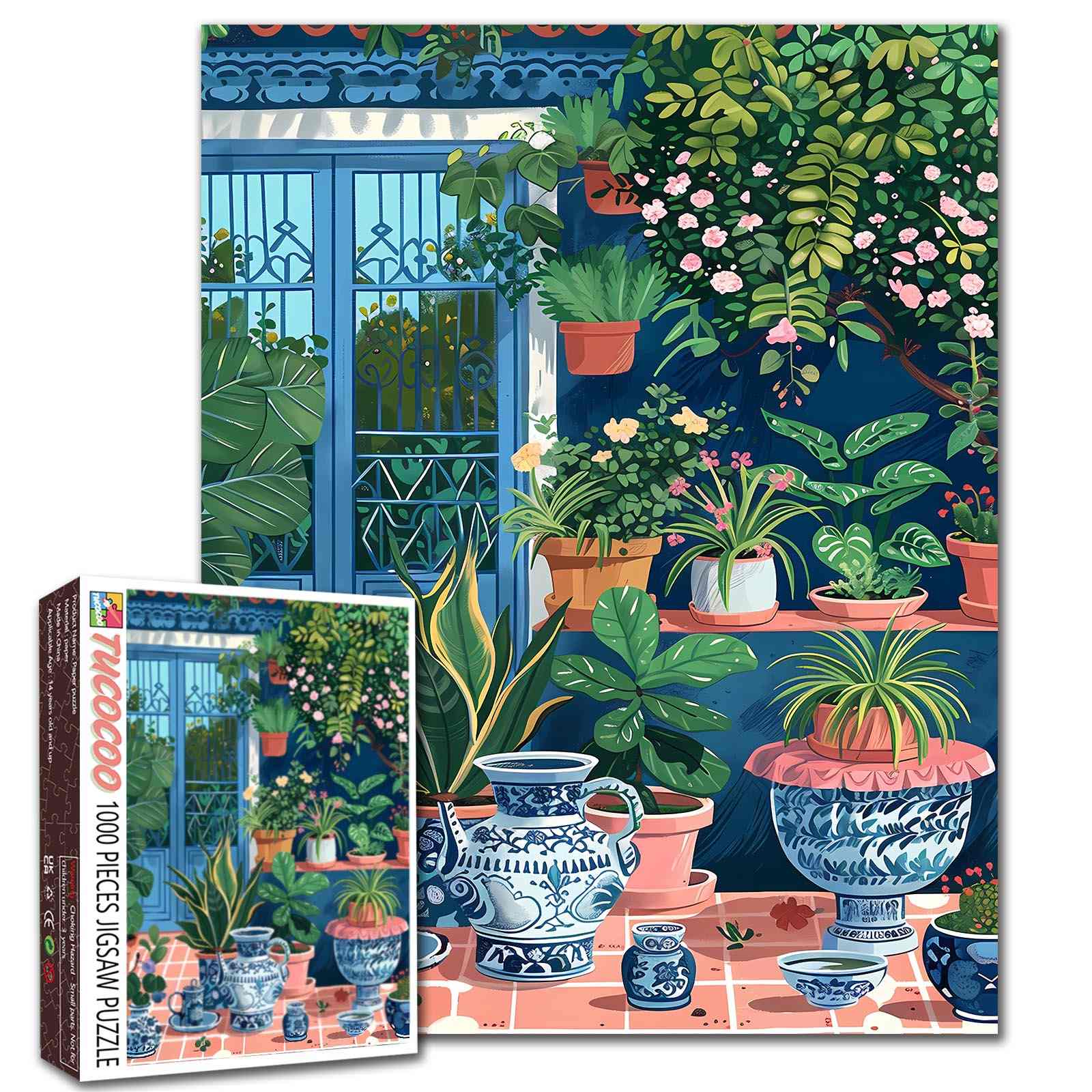 Sunlit Garden Terrace with Blue Pottery Jigsaw Puzzle – Tucocoo