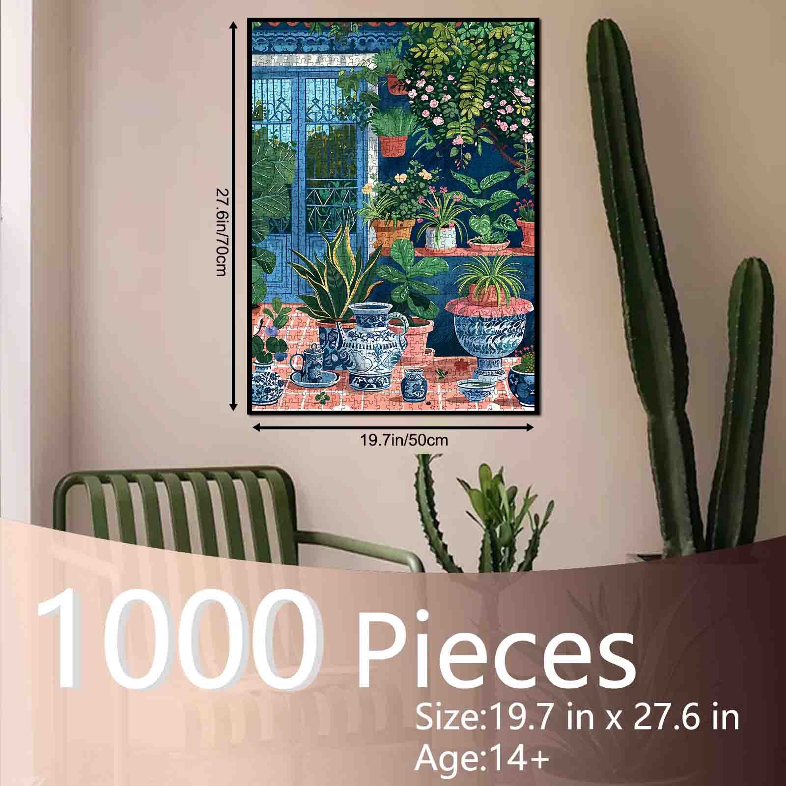 Sunlit Garden Terrace with Blue Pottery Jigsaw Puzzle