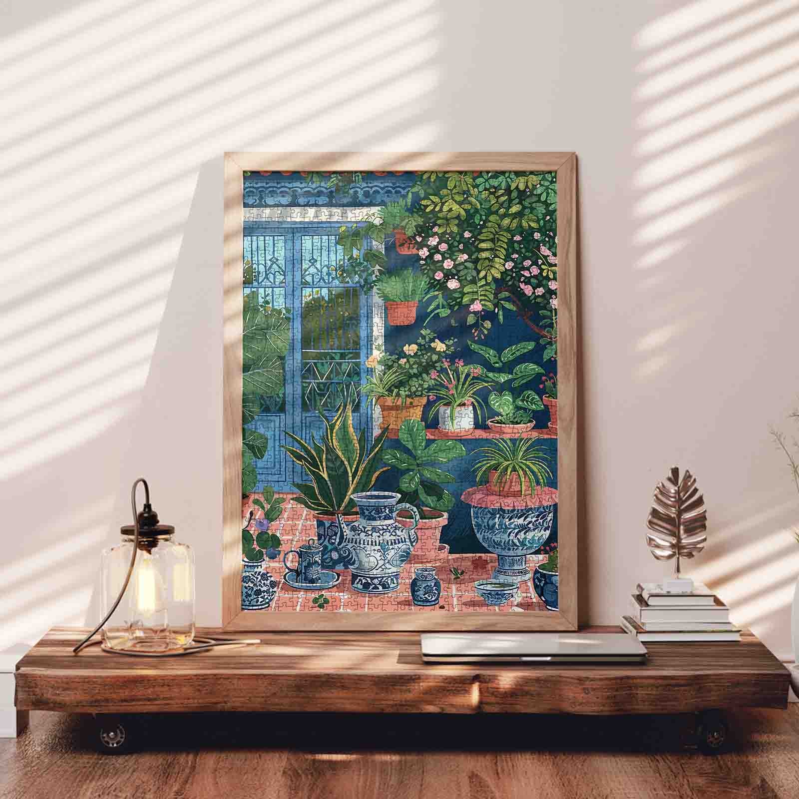 Sunlit Garden Terrace with Blue Pottery Jigsaw Puzzle