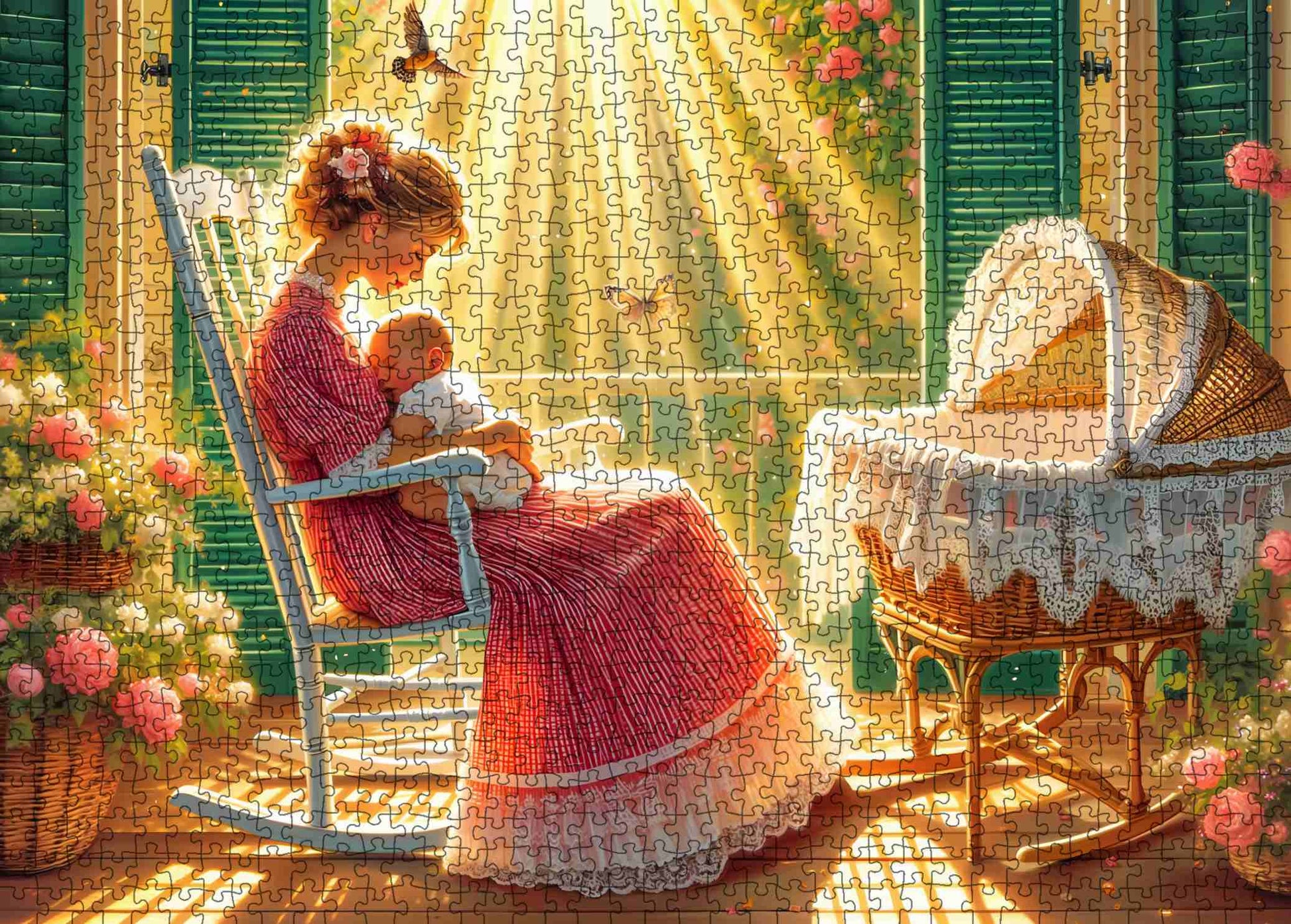Sunlit Mother and Baby Porch Scene Jigsaw Puzzle