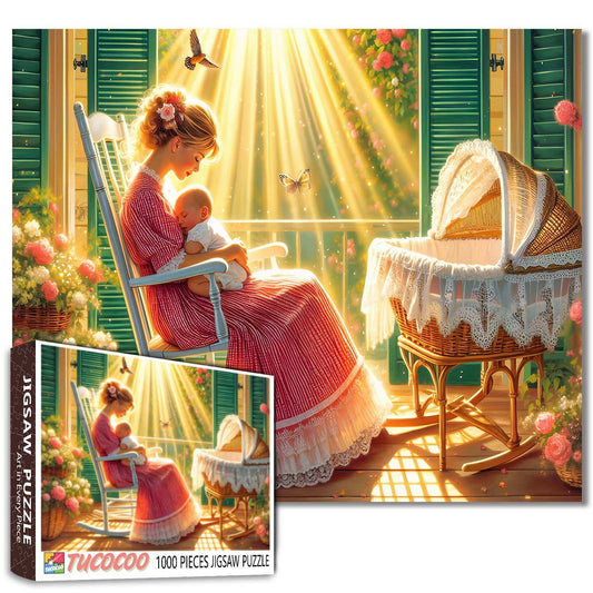 Sunlit Mother and Baby Porch Scene Jigsaw Puzzle