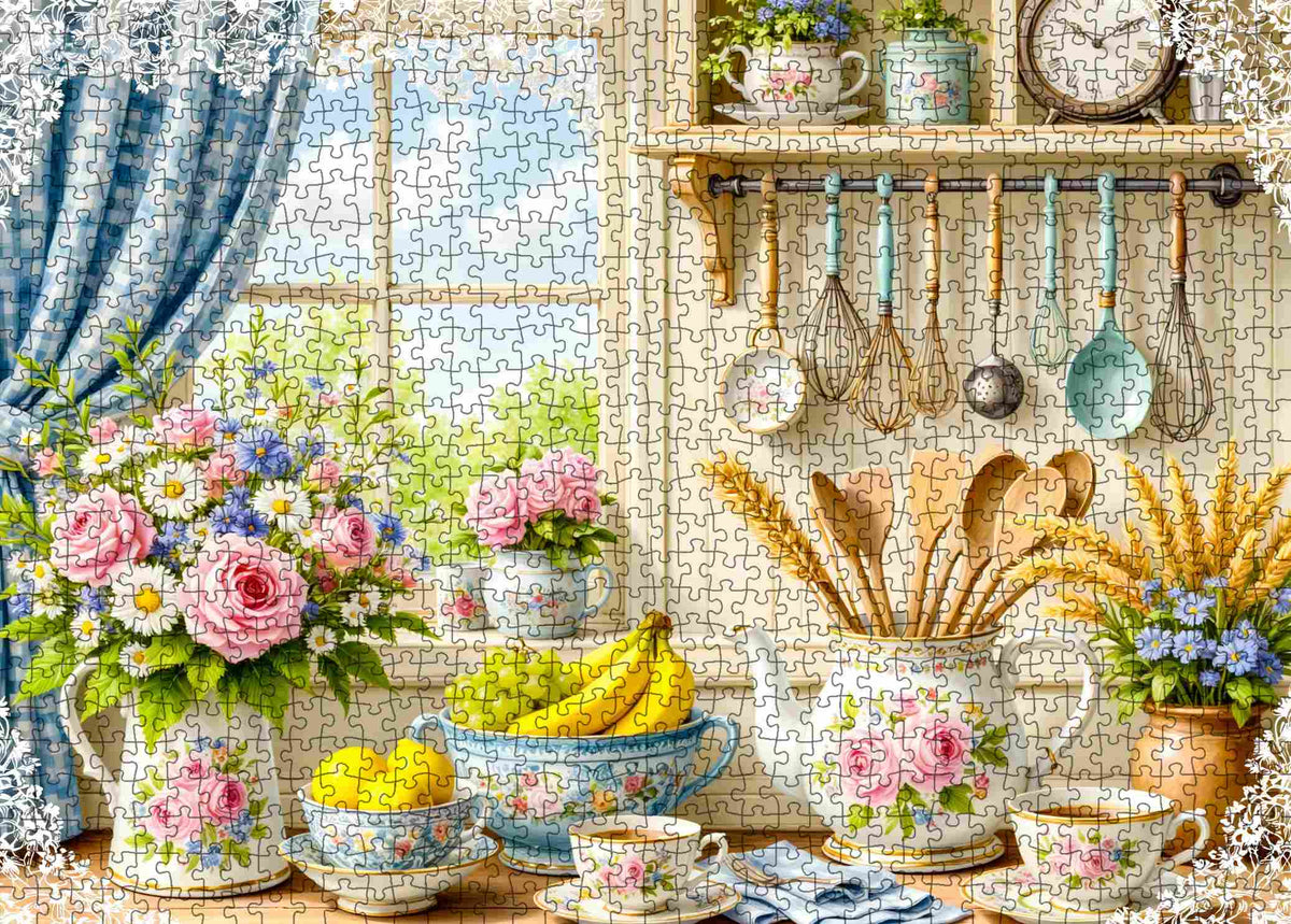 Sunny Cottage Kitchen Flowers Jigsaw Puzzle