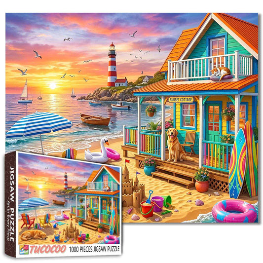 Sunset Lighthouse Beach Cottage Jigsaw Puzzle