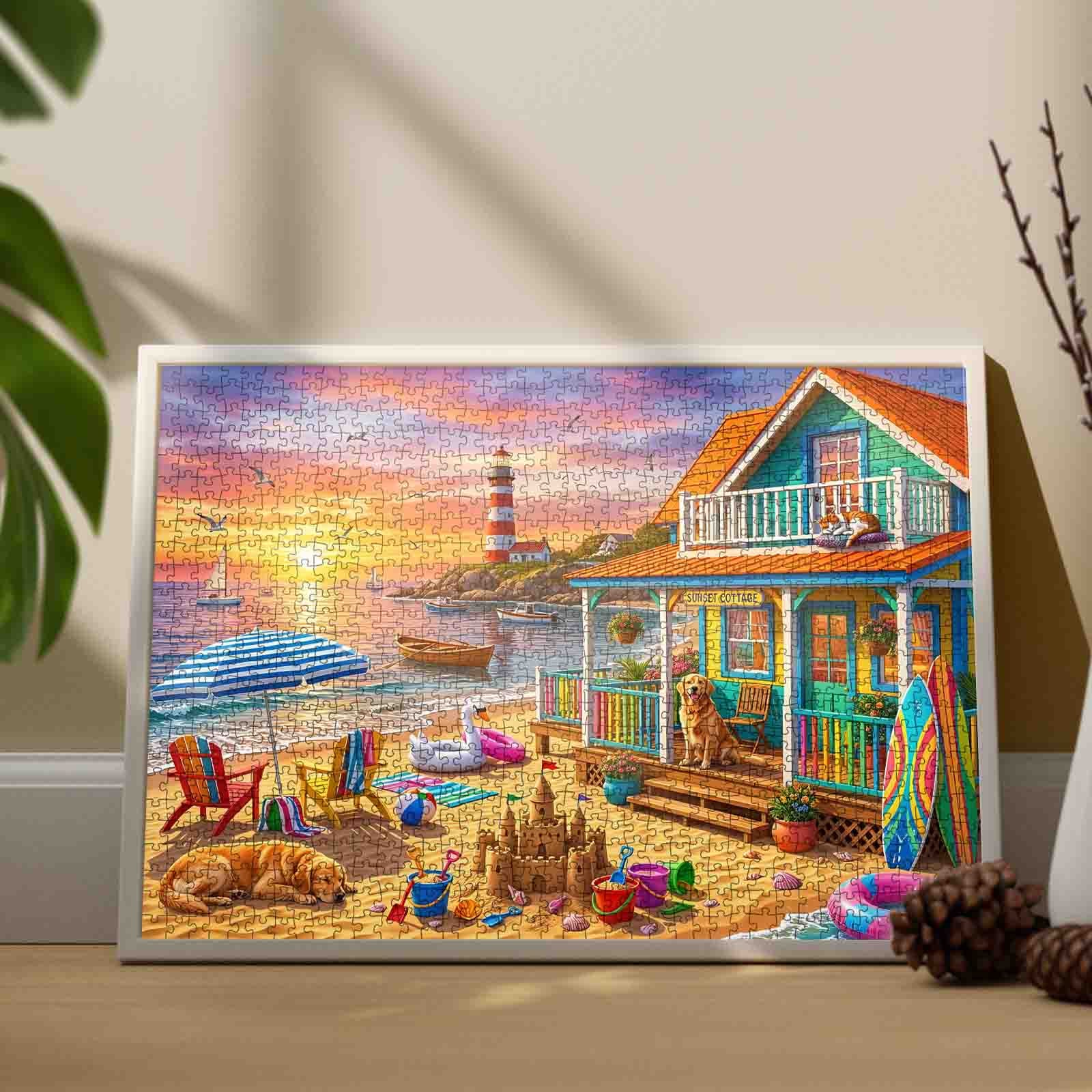 Sunset Lighthouse Beach Cottage Jigsaw Puzzle