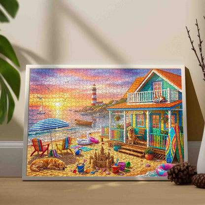 Sunset Lighthouse Beach Cottage Jigsaw Puzzle
