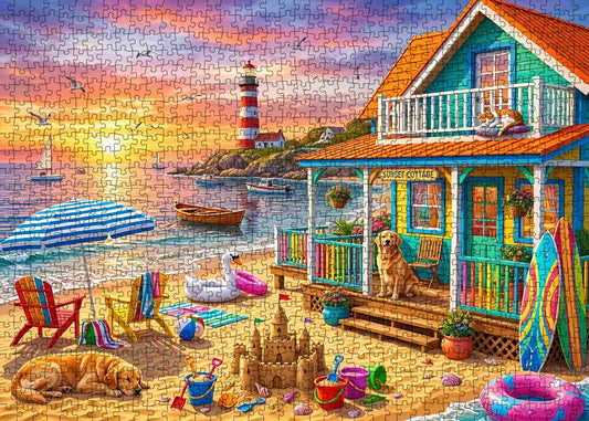 Sunset Lighthouse Beach Cottage Jigsaw Puzzle