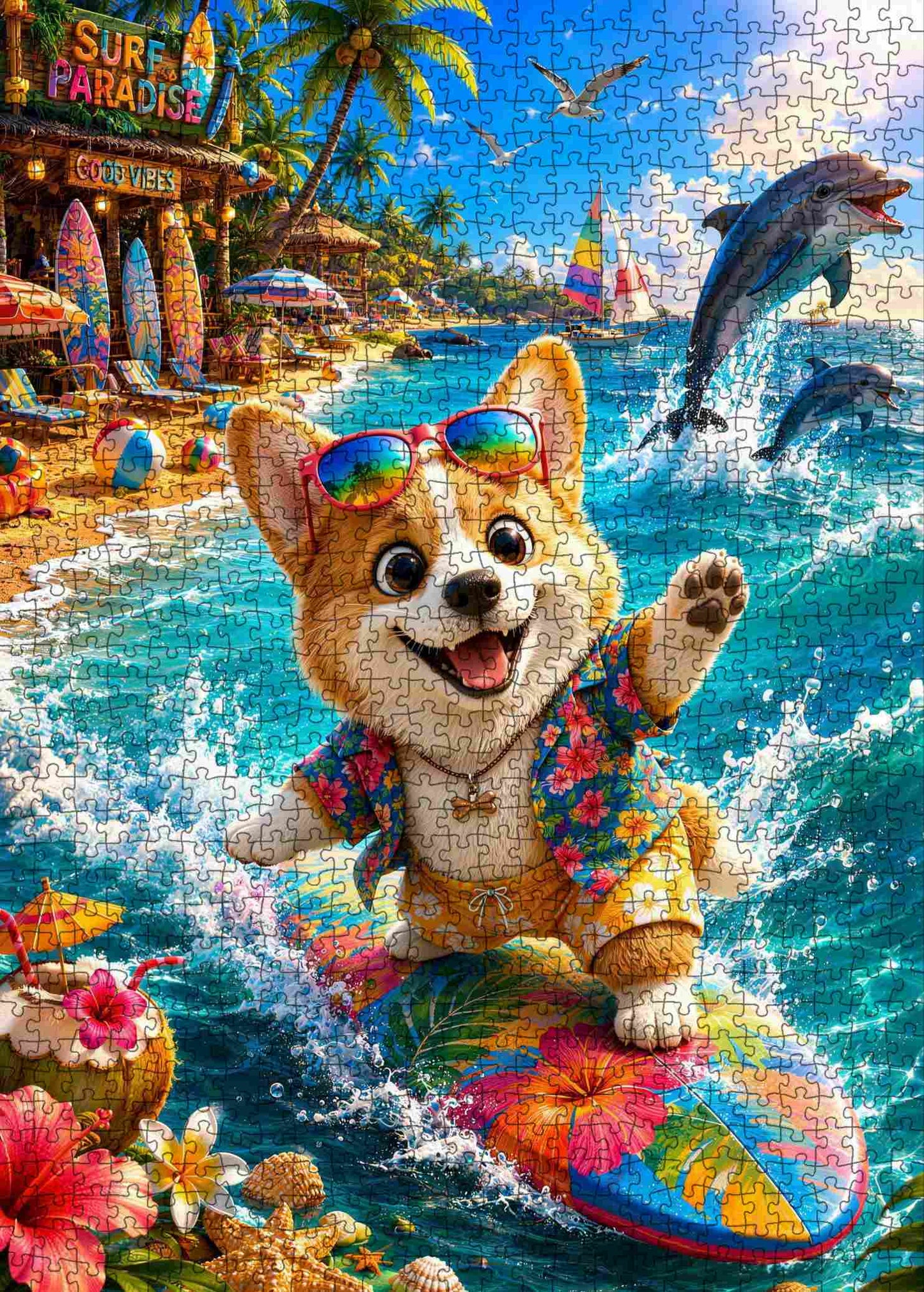 Surfing Corgi Tropical Beach Adventure Jigsaw Puzzle