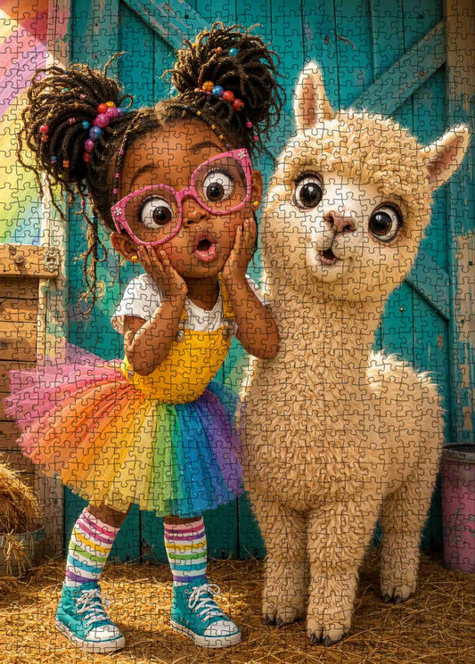 Surprised Girl and Fluffy Alpaca Jigsaw Puzzle