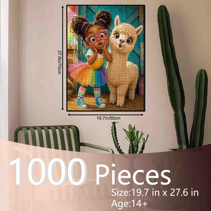 Surprised Girl and Fluffy Alpaca Jigsaw Puzzle