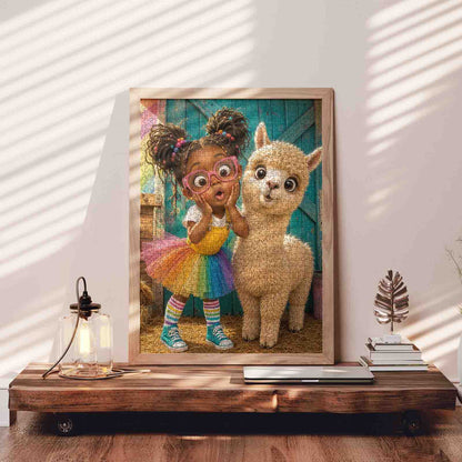 Surprised Girl and Fluffy Alpaca Jigsaw Puzzle