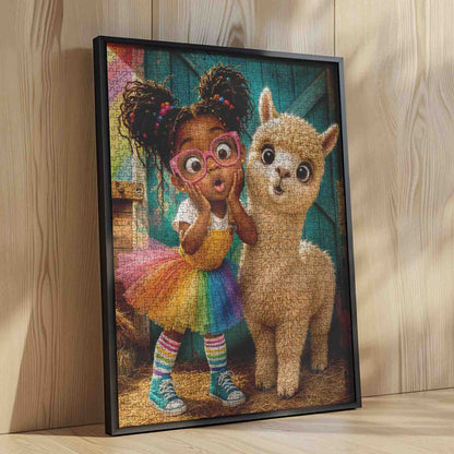 Surprised Girl and Fluffy Alpaca Jigsaw Puzzle