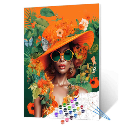Tropical Woman in Orange Hat Paint by Numbers