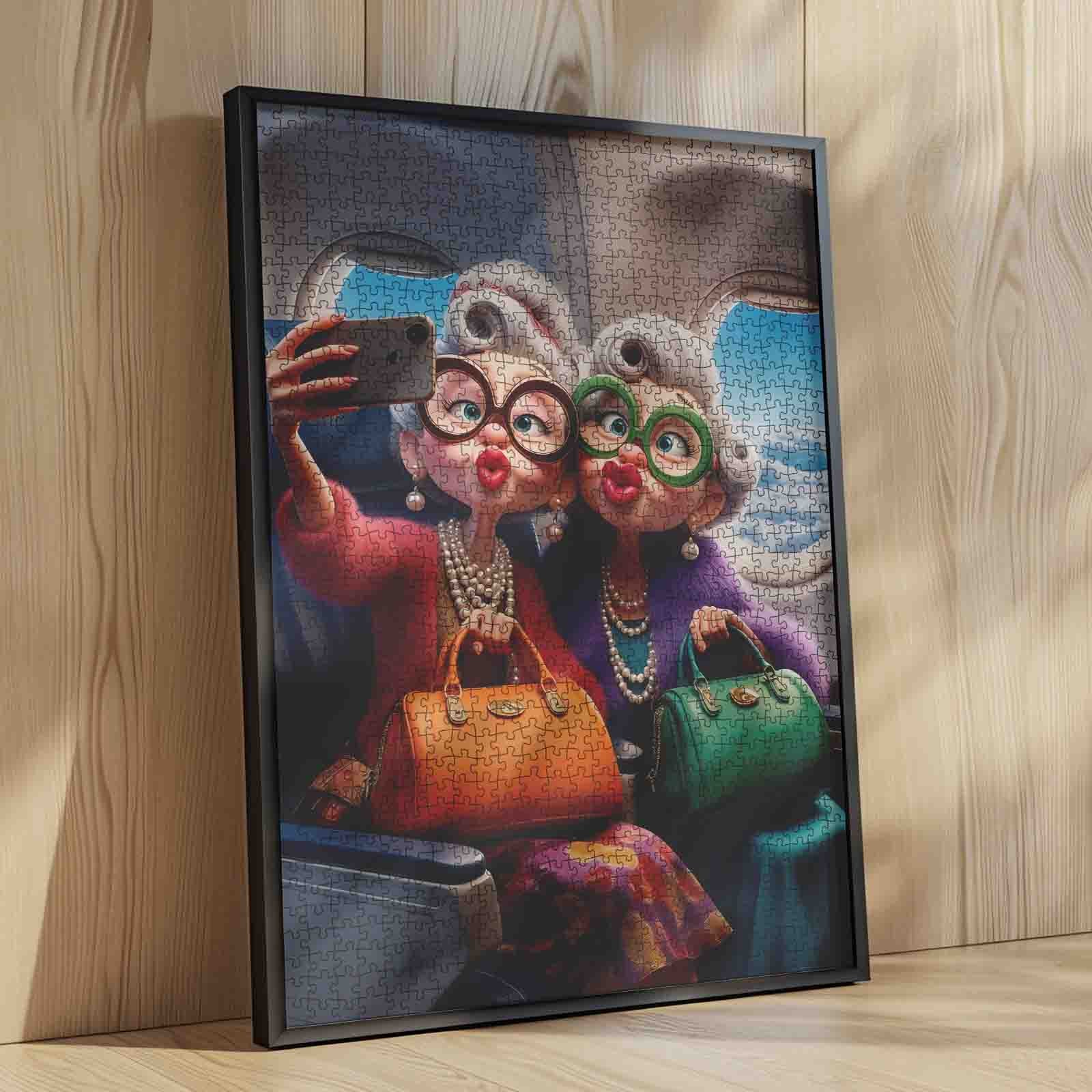 Stylish grandmothers taking airplane selfie Jigsaw Puzzle