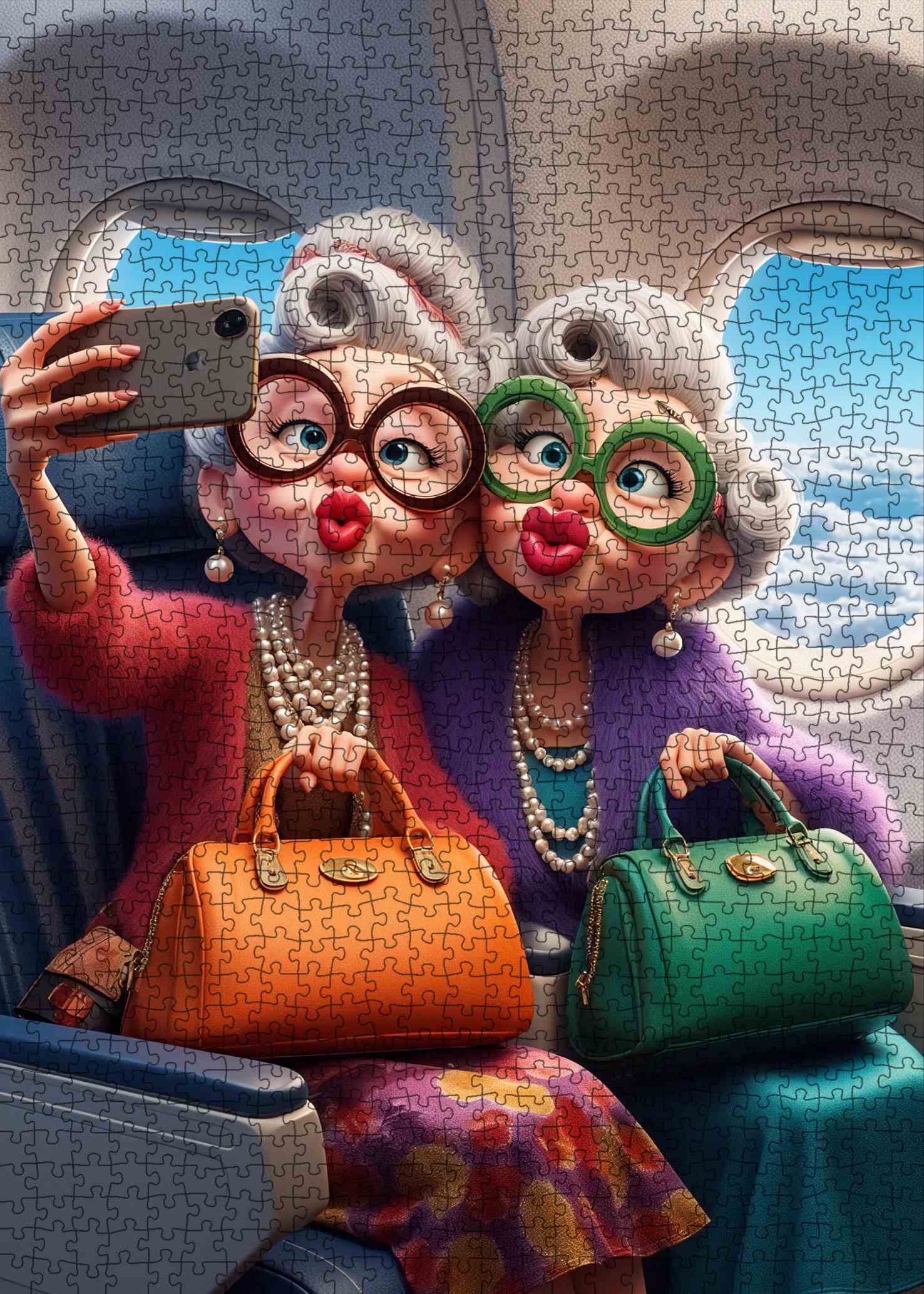 Stylish grandmothers taking airplane selfie Jigsaw Puzzle