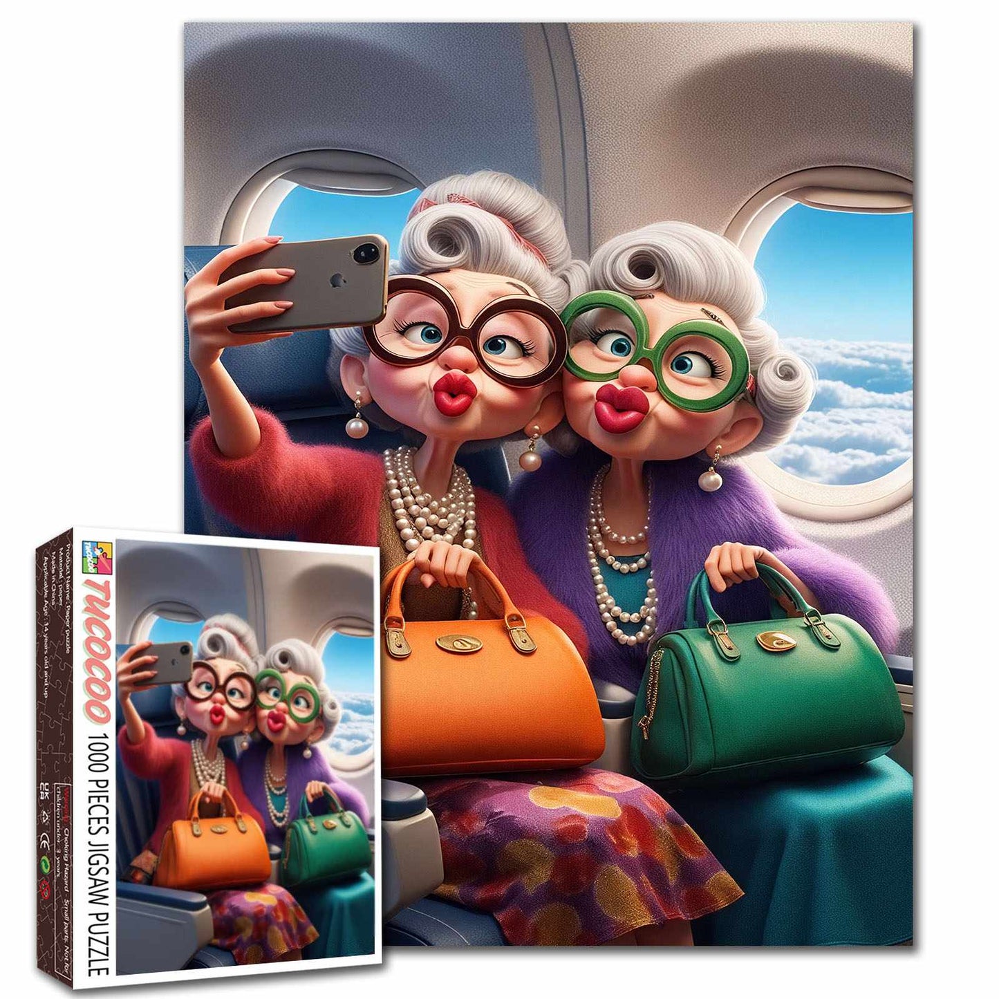 Stylish grandmothers taking airplane selfie Jigsaw Puzzle