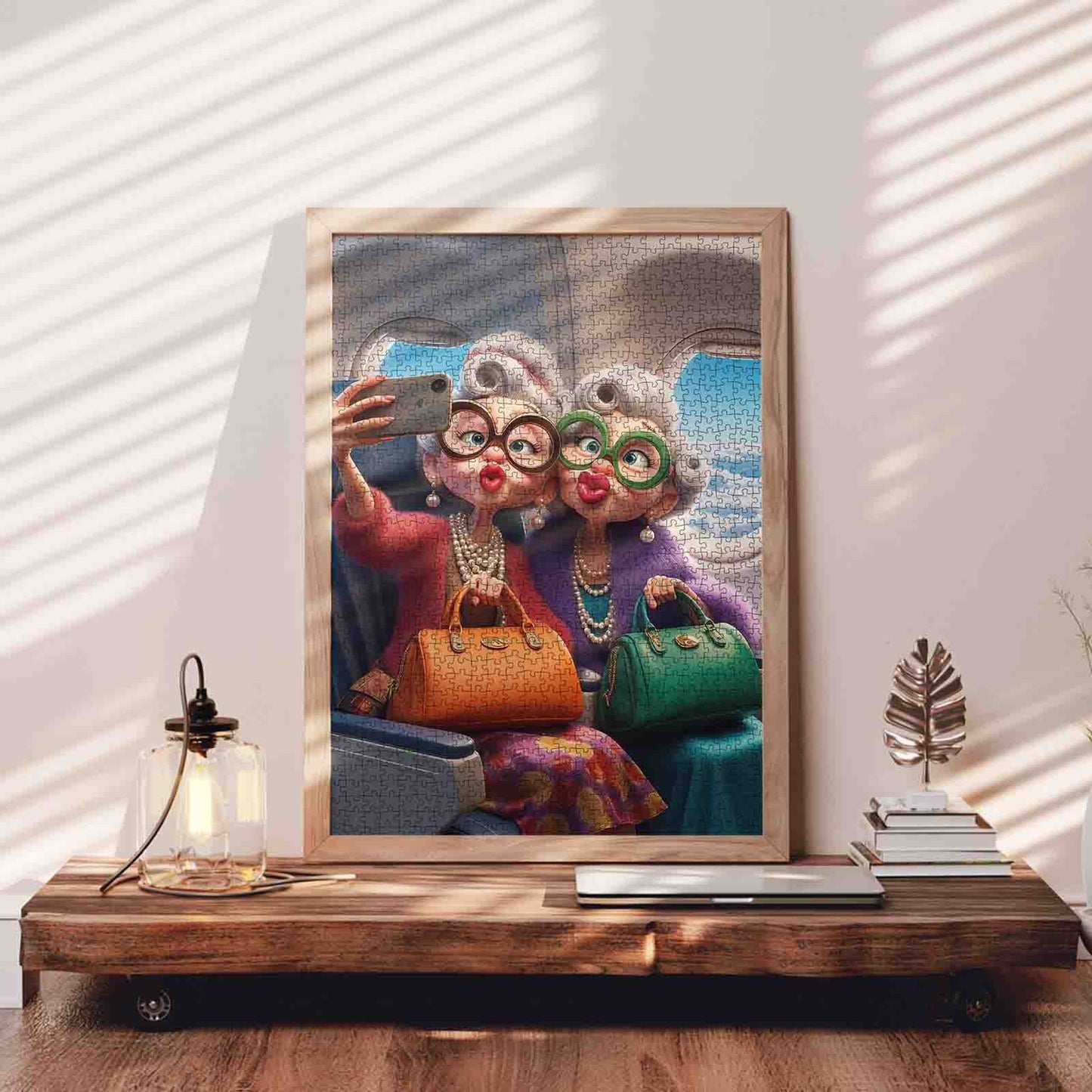 Stylish grandmothers taking airplane selfie Jigsaw Puzzle