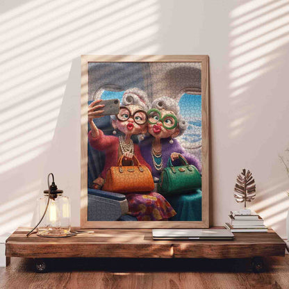 Stylish grandmothers taking airplane selfie Jigsaw Puzzle