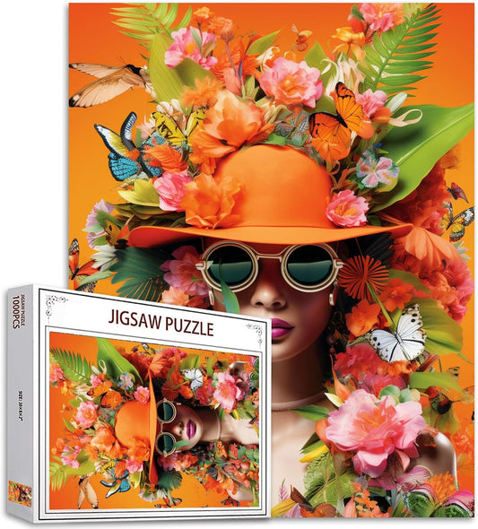 Orange Woman with Flowers and Butterfly Jigsaw Puzzles