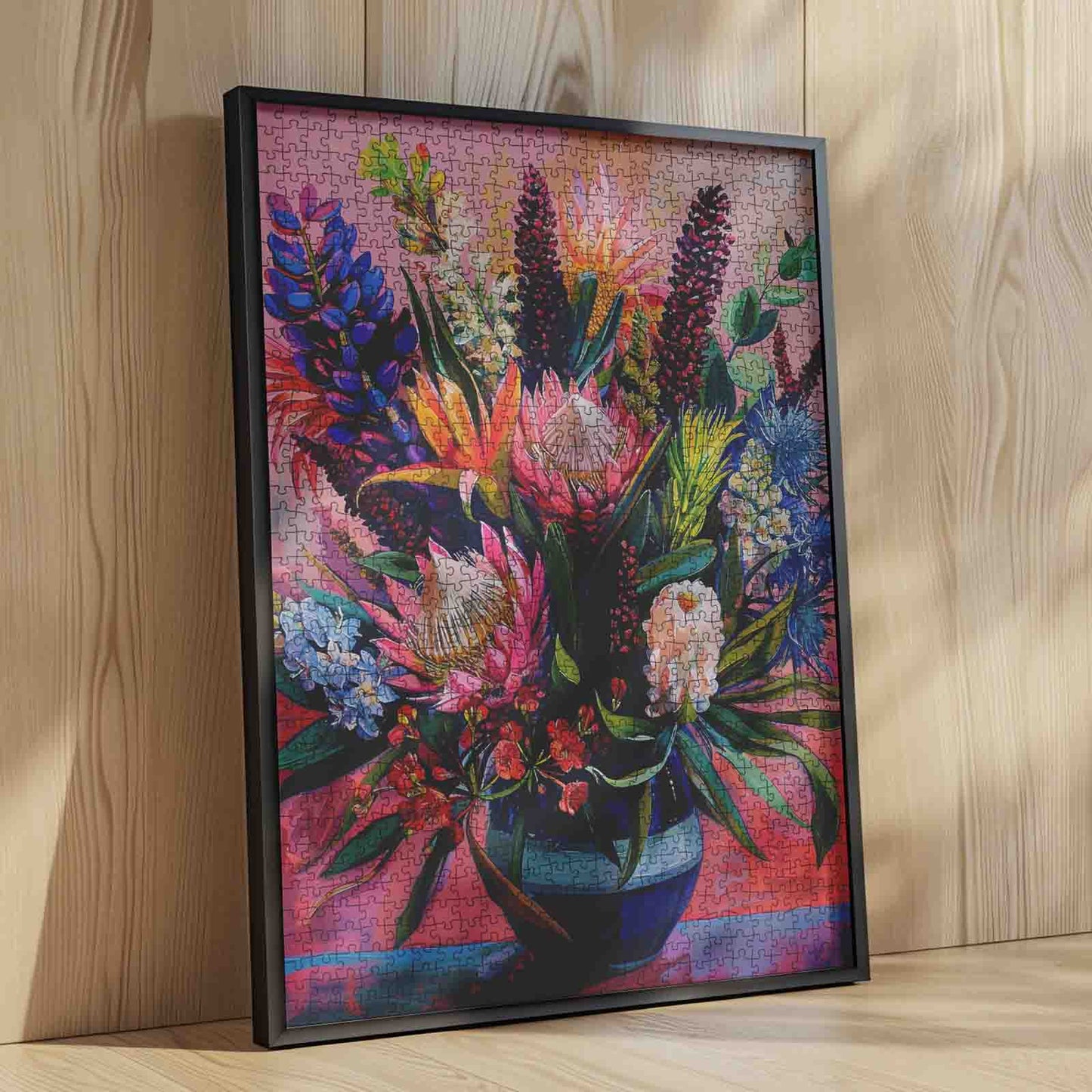 Vibrant Bloom Arrangement in Blue Vase Jigsaw Puzzle