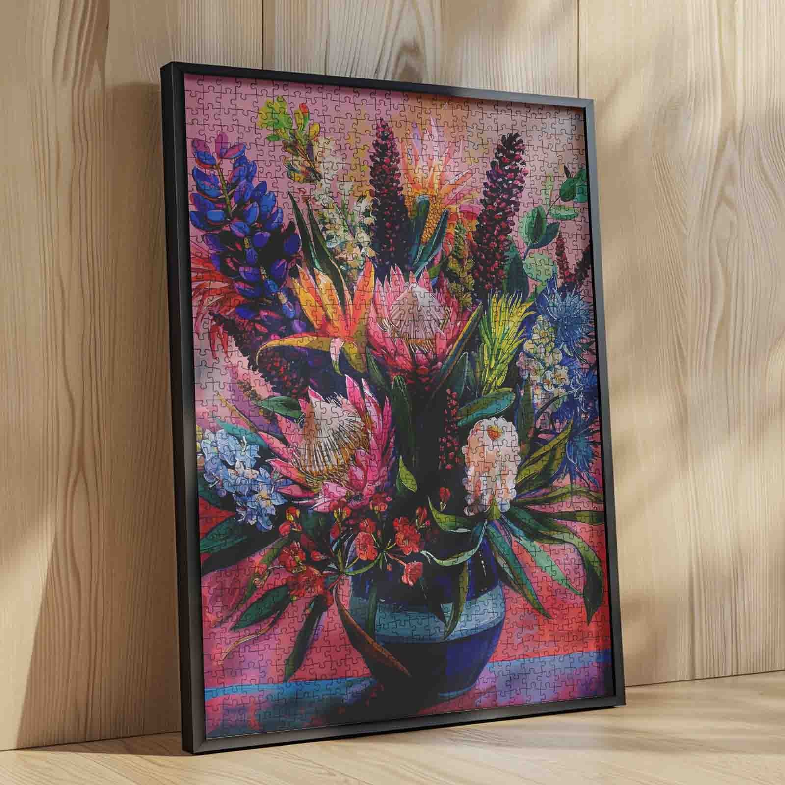 Vibrant Bloom Arrangement in Blue Vase Jigsaw Puzzle