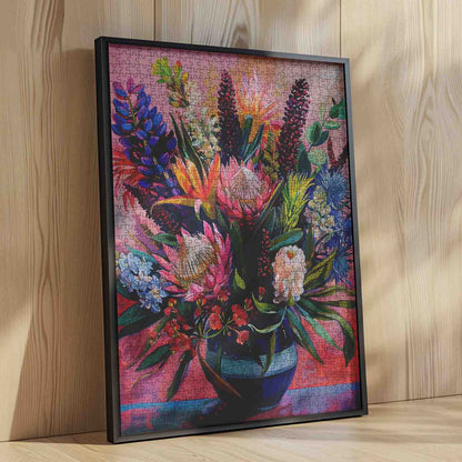 Vibrant Bloom Arrangement in Blue Vase Jigsaw Puzzle