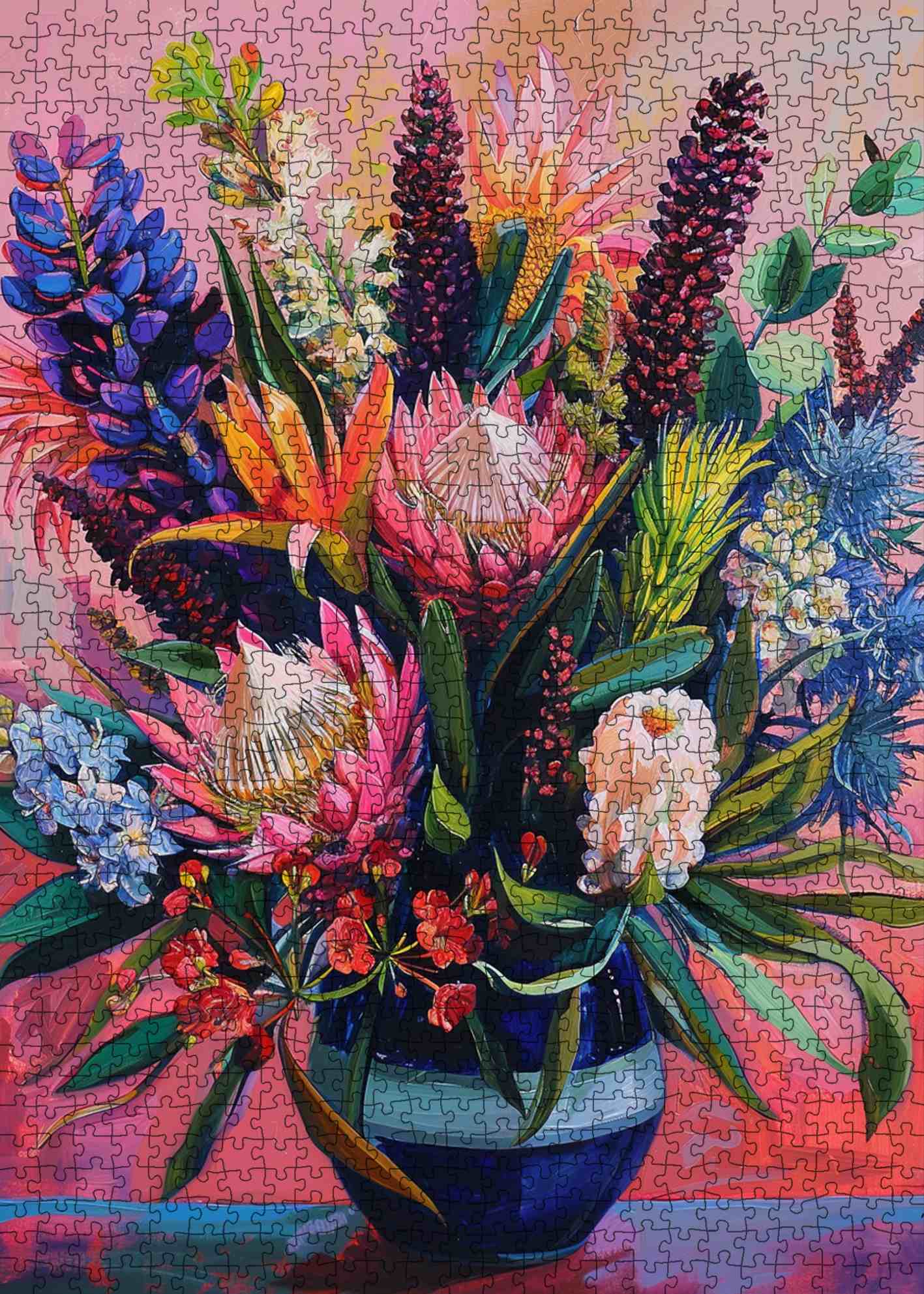 Vibrant Bloom Arrangement in Blue Vase Jigsaw Puzzle