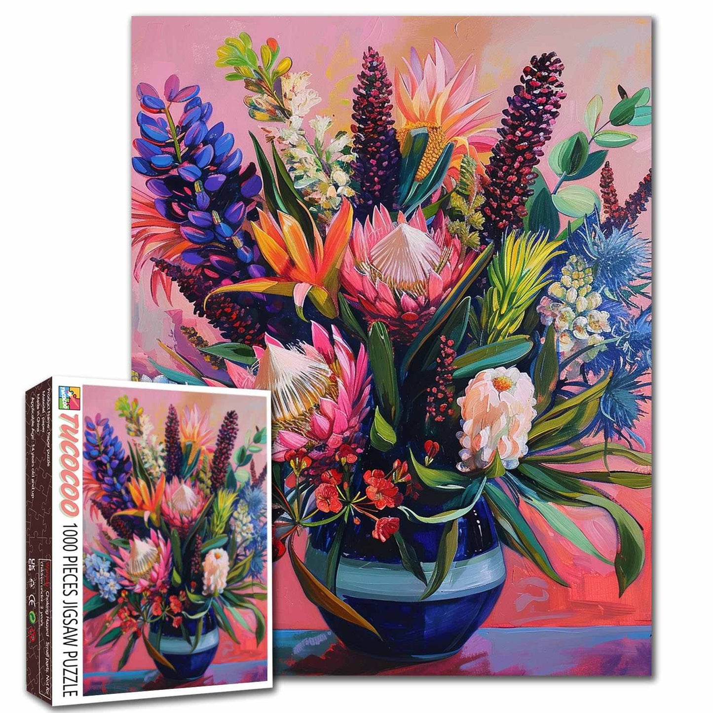 Vibrant Bloom Arrangement in Blue Vase Jigsaw Puzzle