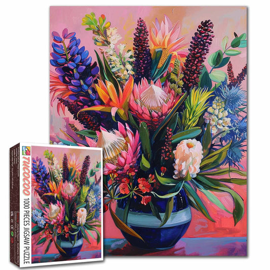 Vibrant Bloom Arrangement in Blue Vase Jigsaw Puzzle