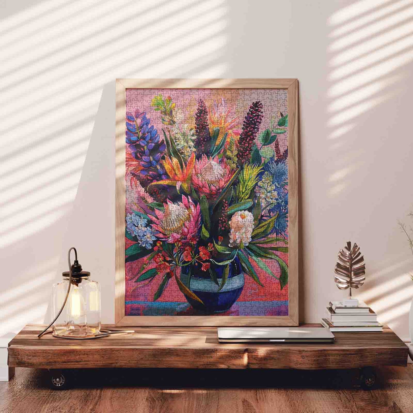 Vibrant Bloom Arrangement in Blue Vase Jigsaw Puzzle