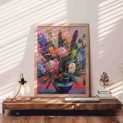 Vibrant Bloom Arrangement in Blue Vase Jigsaw Puzzle