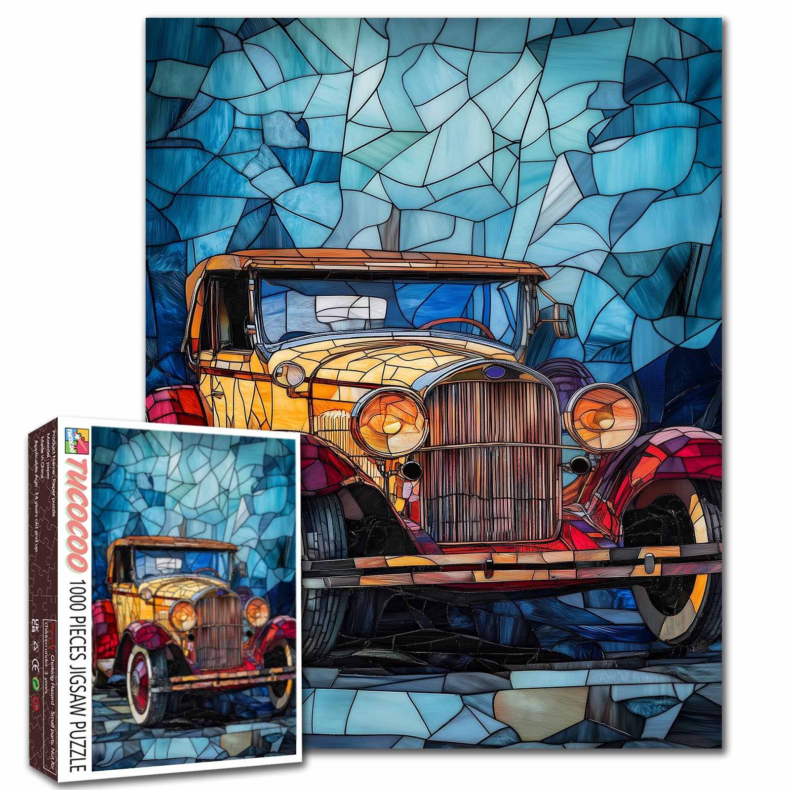 Vibrant Vintage Car in Stained Glass Style Jigsaw Puzzle