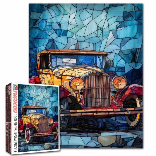 Vibrant Vintage Car in Stained Glass Style Jigsaw Puzzle