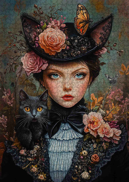 Victorian lady with cat and flowers Jigsaw Puzzle