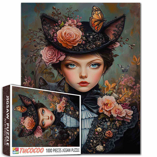Victorian lady with cat and flowers Jigsaw Puzzle