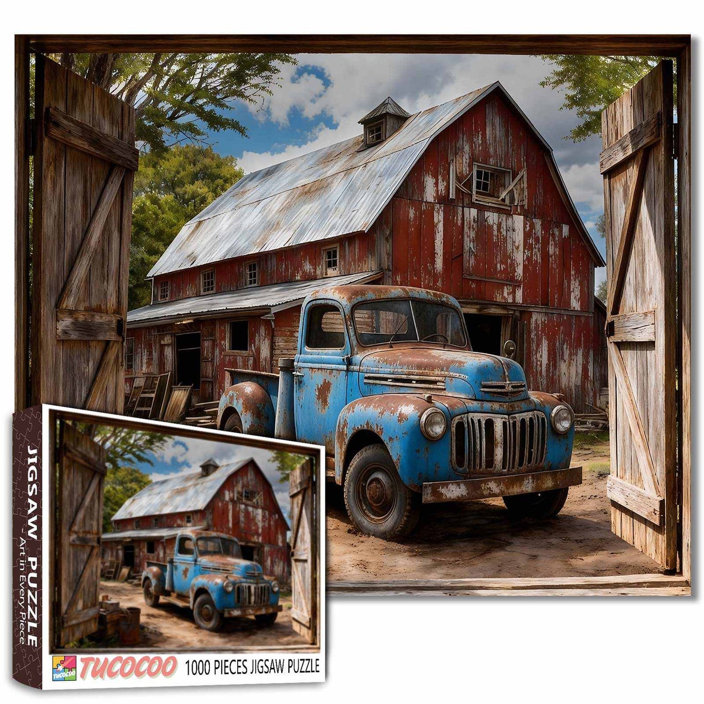 Vintage Blue Pickup Barnyard Scene Jigsaw Puzzle