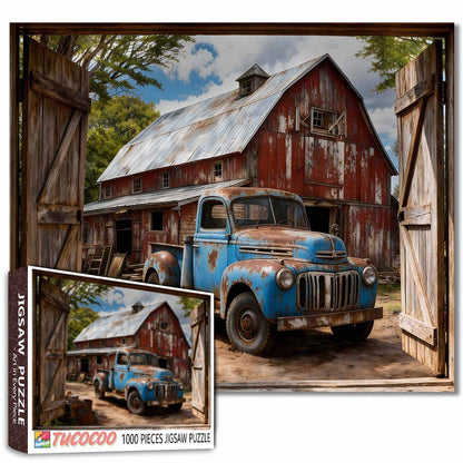 Vintage Blue Pickup Barnyard Scene Jigsaw Puzzle