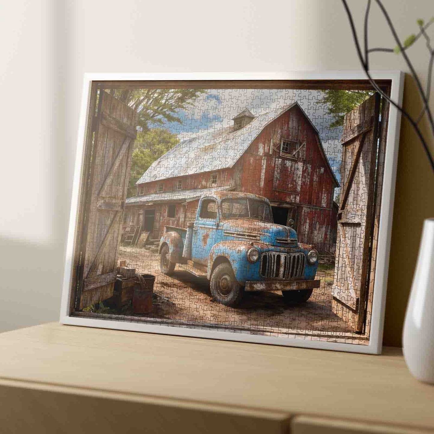 Vintage Blue Pickup Barnyard Scene Jigsaw Puzzle